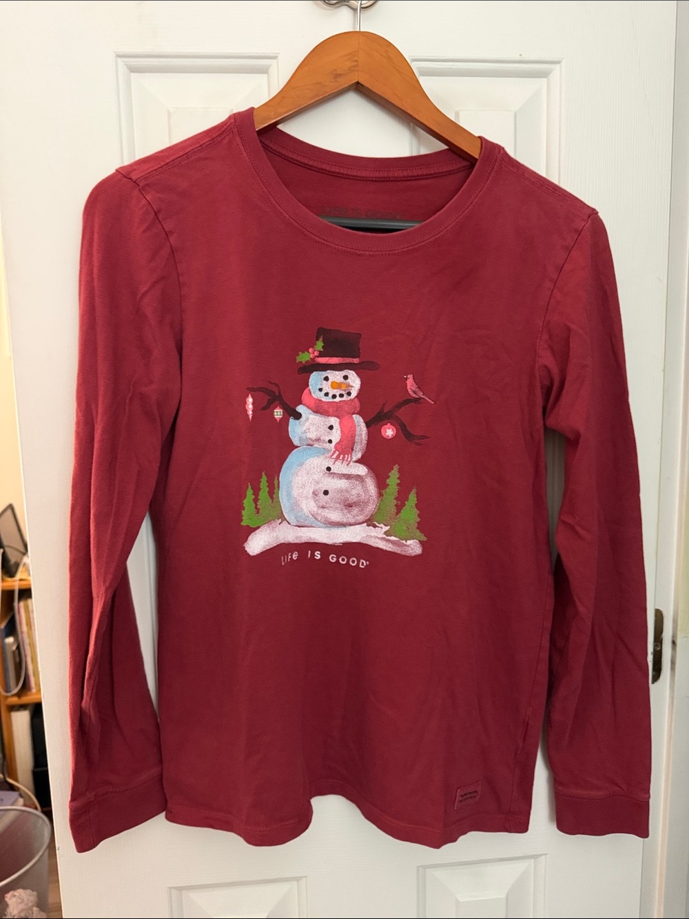 Life Is Good Burgundy Long-Sleeve Snowman Tee